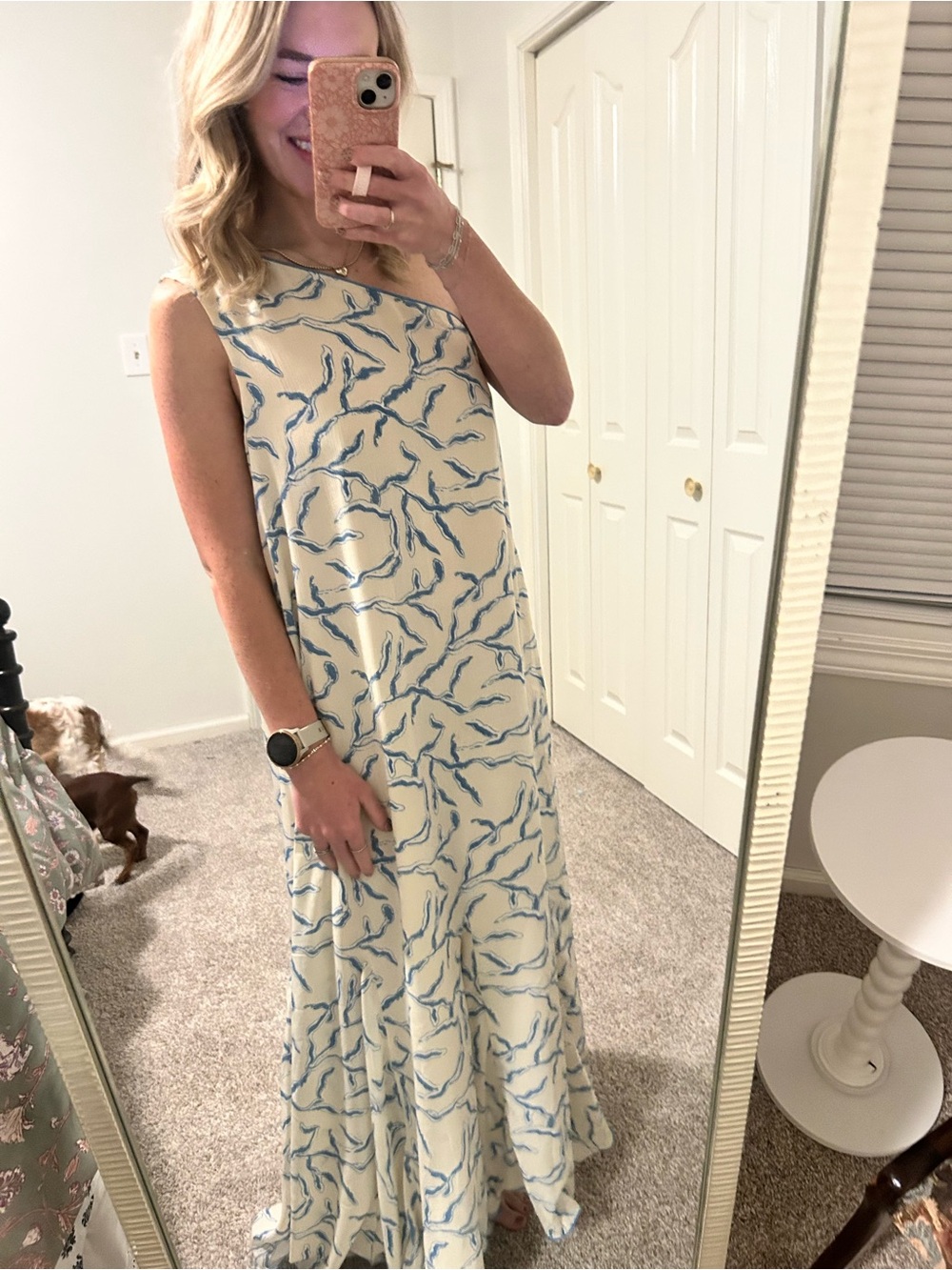 Sleeveless Cream Maxi Dress with Blue Wave Print